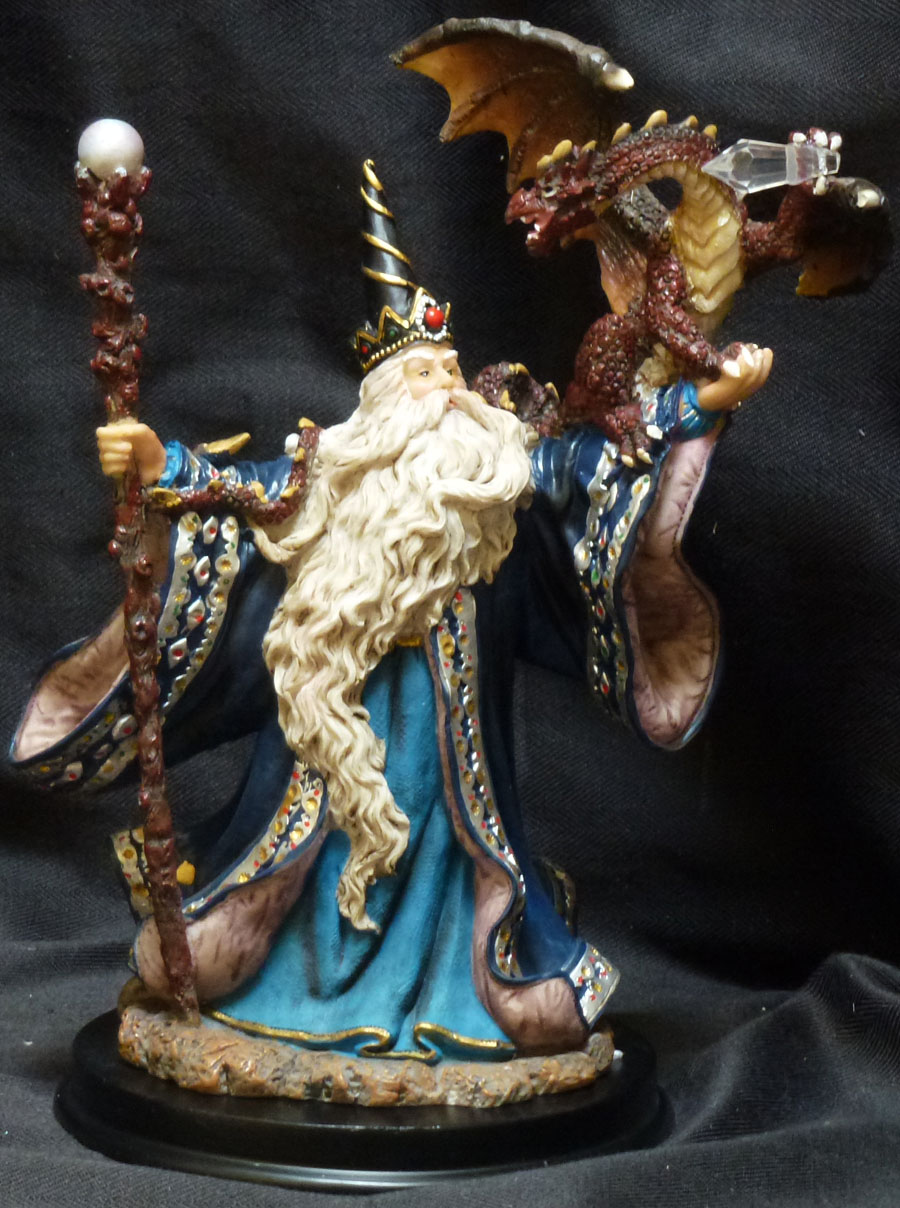 WIZARD with DRAGON Staff & Dragon holding Crystal Statue Figurine H9"