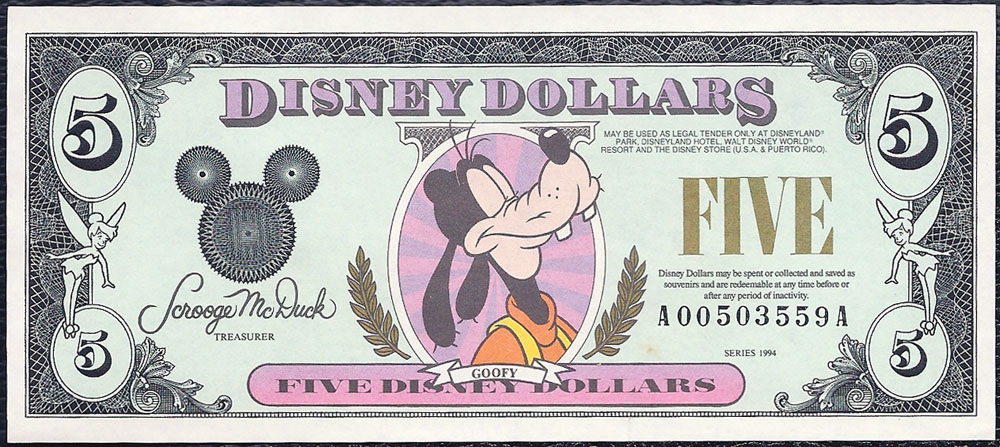 You are bidding on a MINT series 1994 Disneyland FIVE Dollar