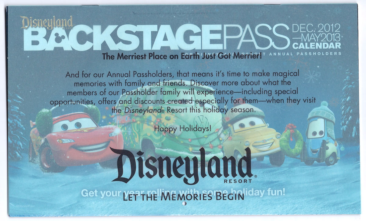 2013 Calendar Disneyland BACKSTAGE passholder CARS Carsland