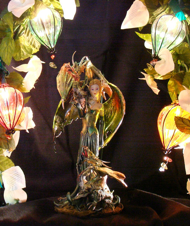 Fairy Green Translucent Wings Figurine Statue w Dragons  